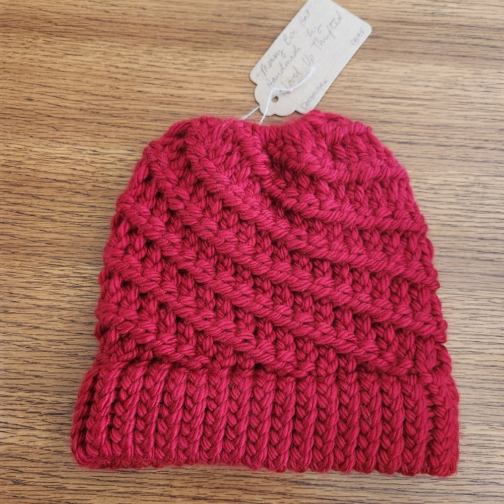 Hand Made Women's Spiral Knit Messy Bun Pony Tail Beanie in Bright Red